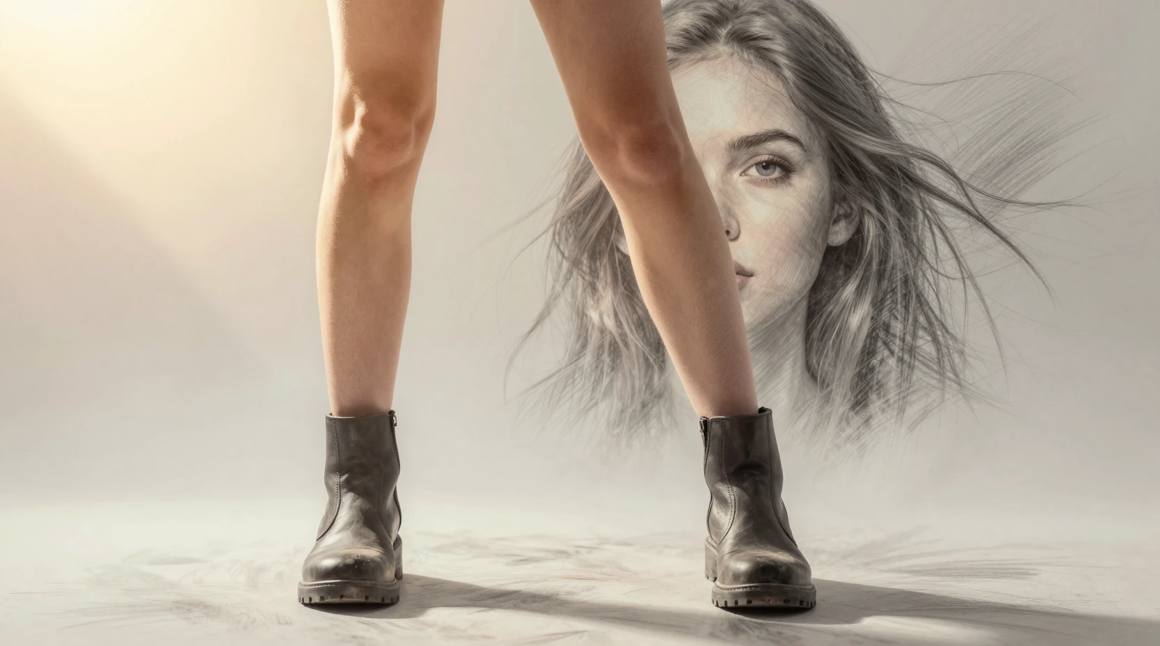 Surreal low angle portrait of a woman dissolving into white strokes