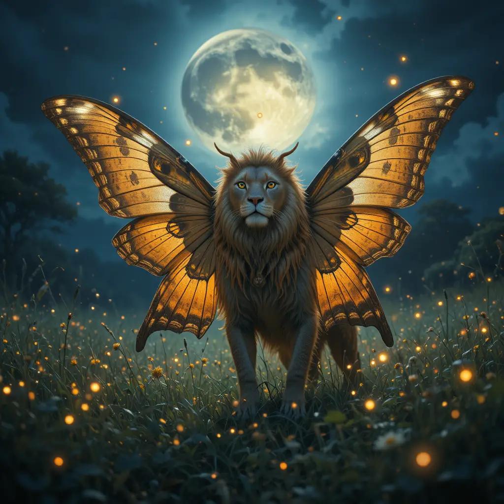 Majestic lion moth hybrid under moonlight in a quiet meadow