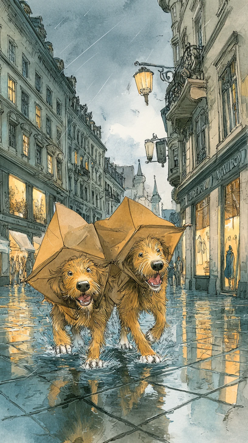 Two joyful dogs running through a rainy Munich street