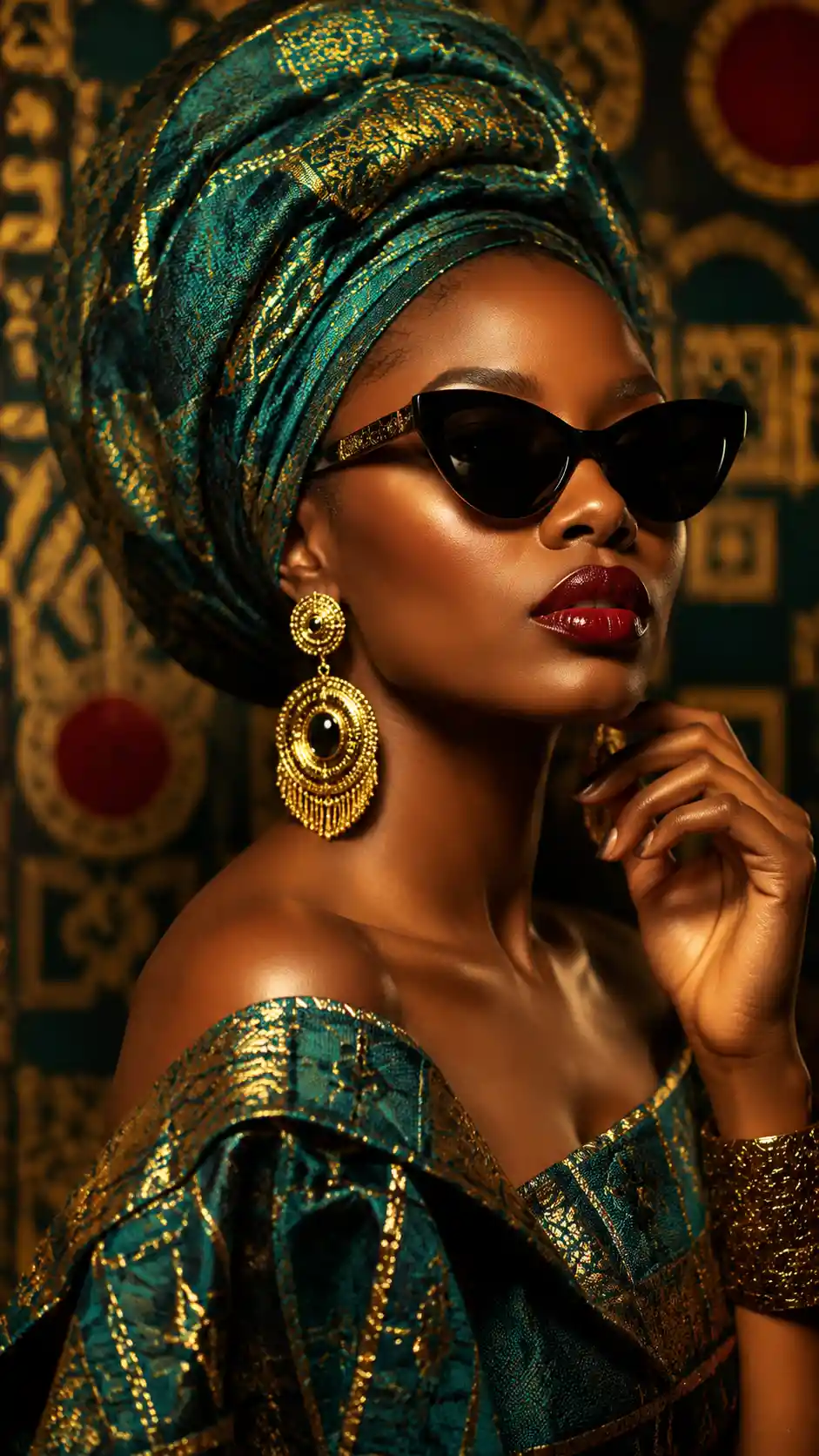Confident woman in teal African attire with gold headwrap