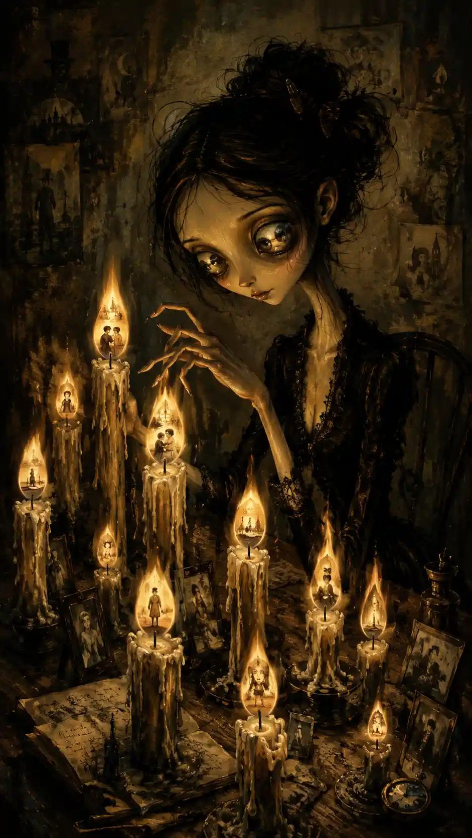 Surreal woman seated by melting candlelit table