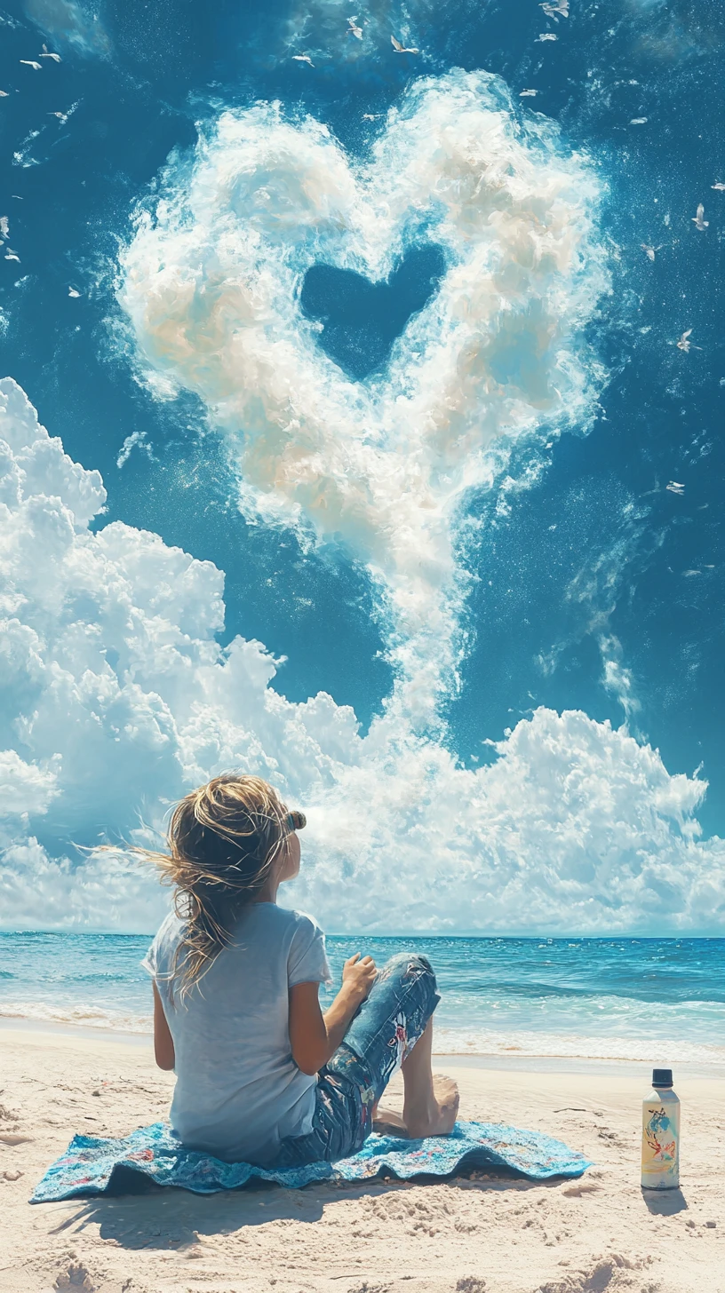 Punk surfer girl blowing a heart shaped spray cloud