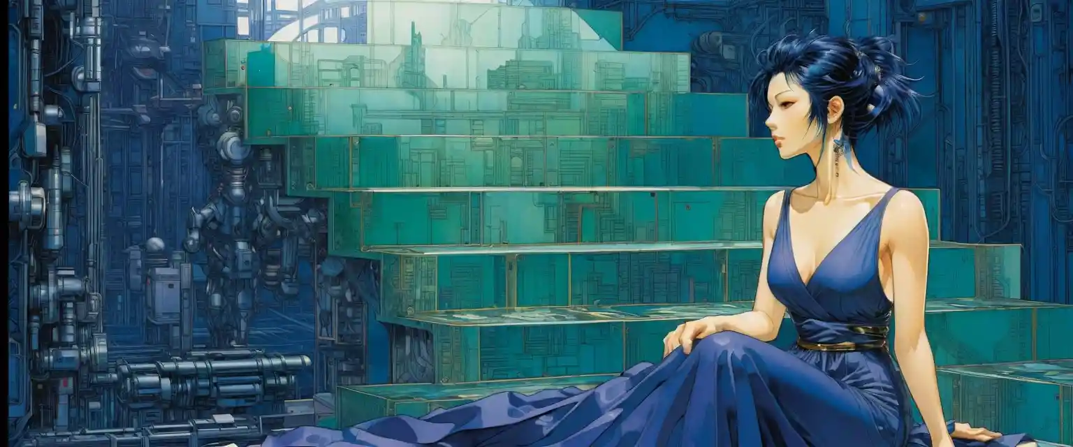 Cyberpunk manga cybernetic schematics in indigo and viridian