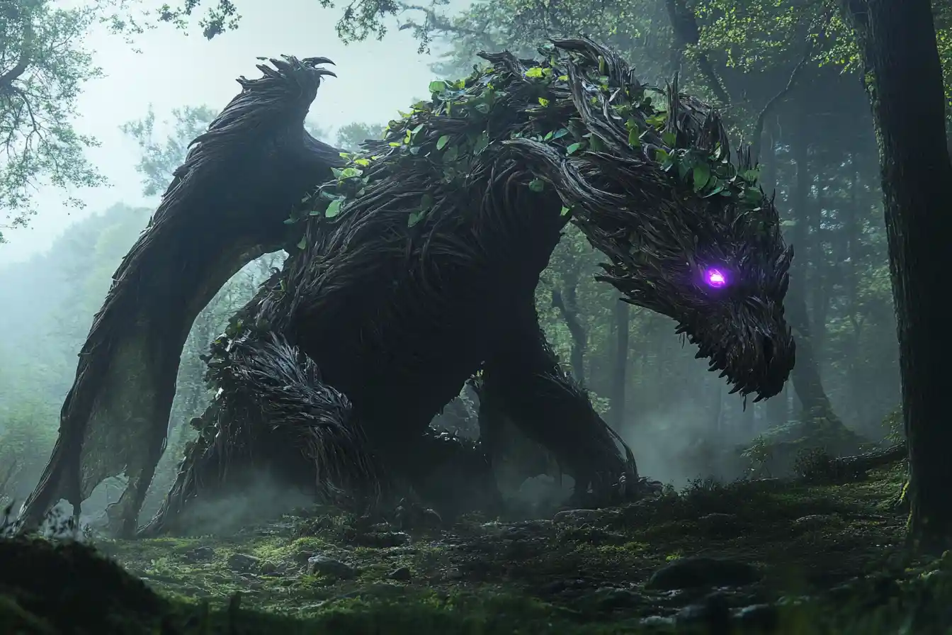 Wooden forest dragon with leaf wings and purple eyes