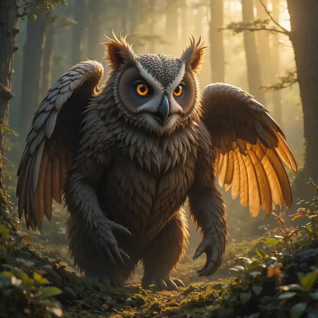 Fantasy owlbear creature in a misty enchanted forest