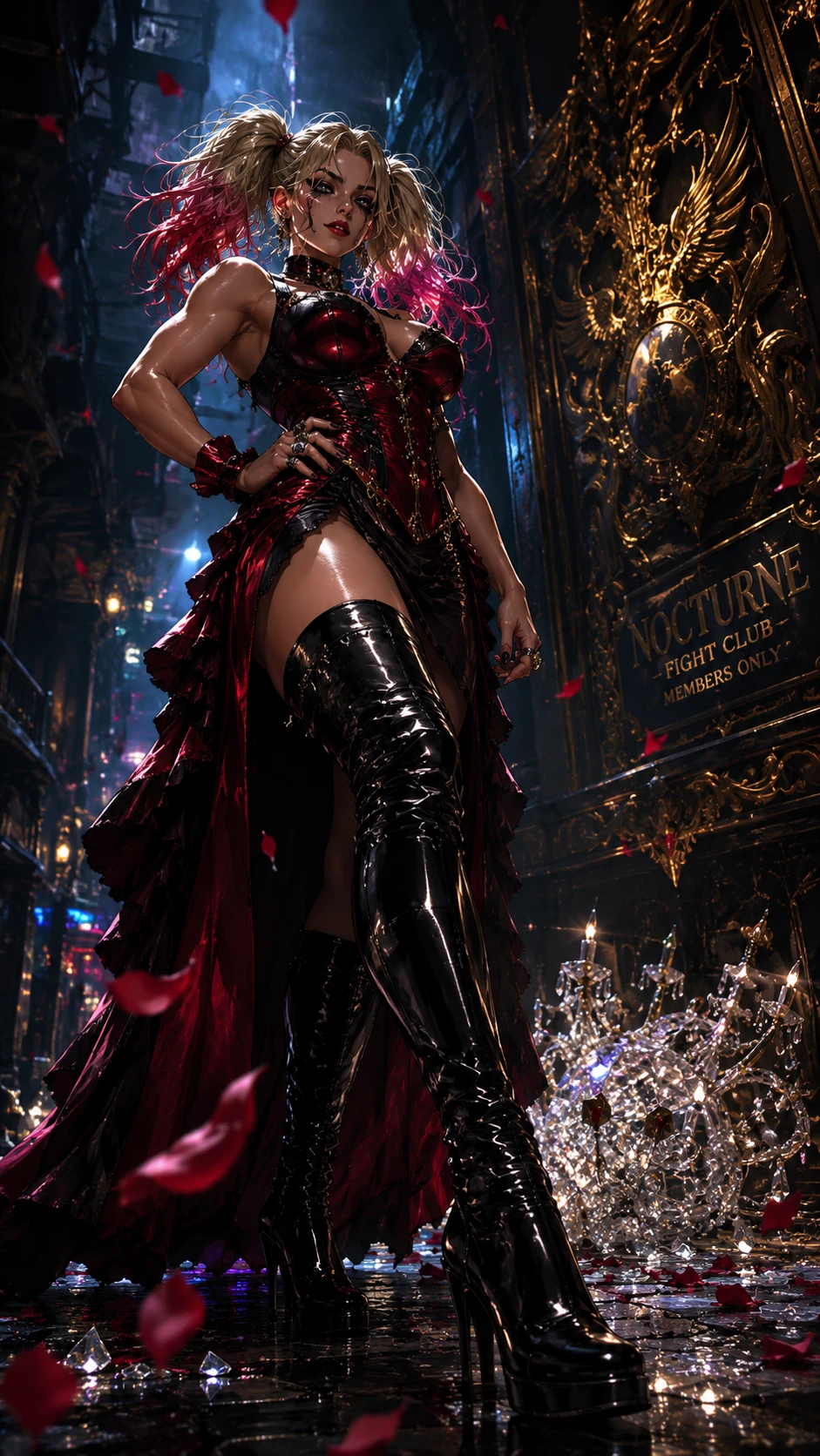 Confident anime woman in noir alley with dramatic lighting