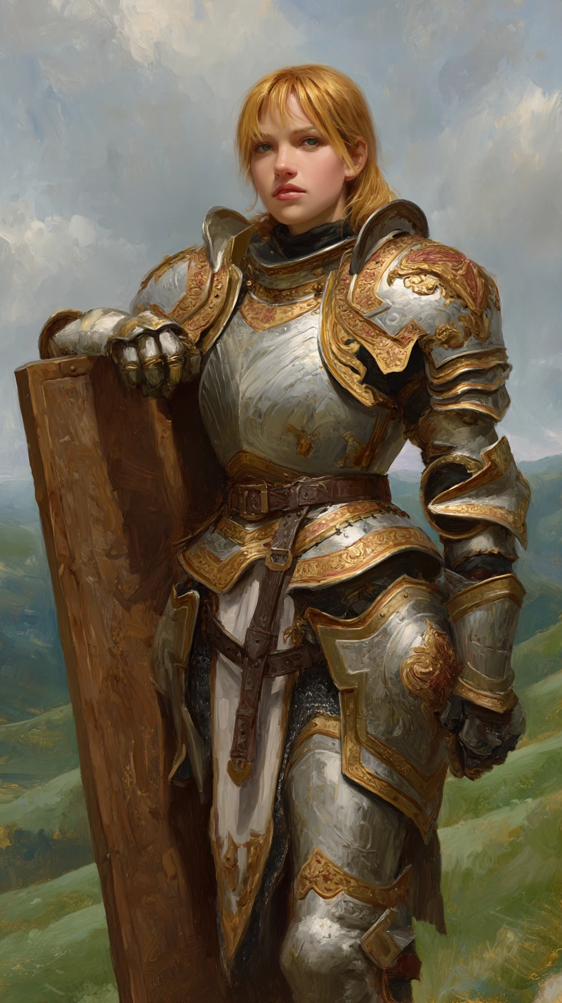 Noble female paladin portrait in ornate armor on green hills