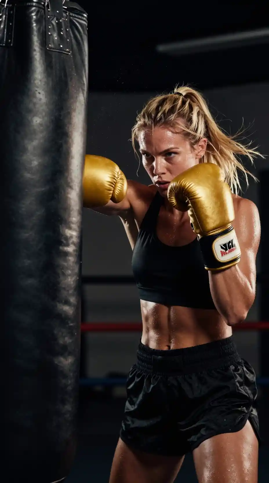 Determined female boxer striking a heavy bag in dramatic light