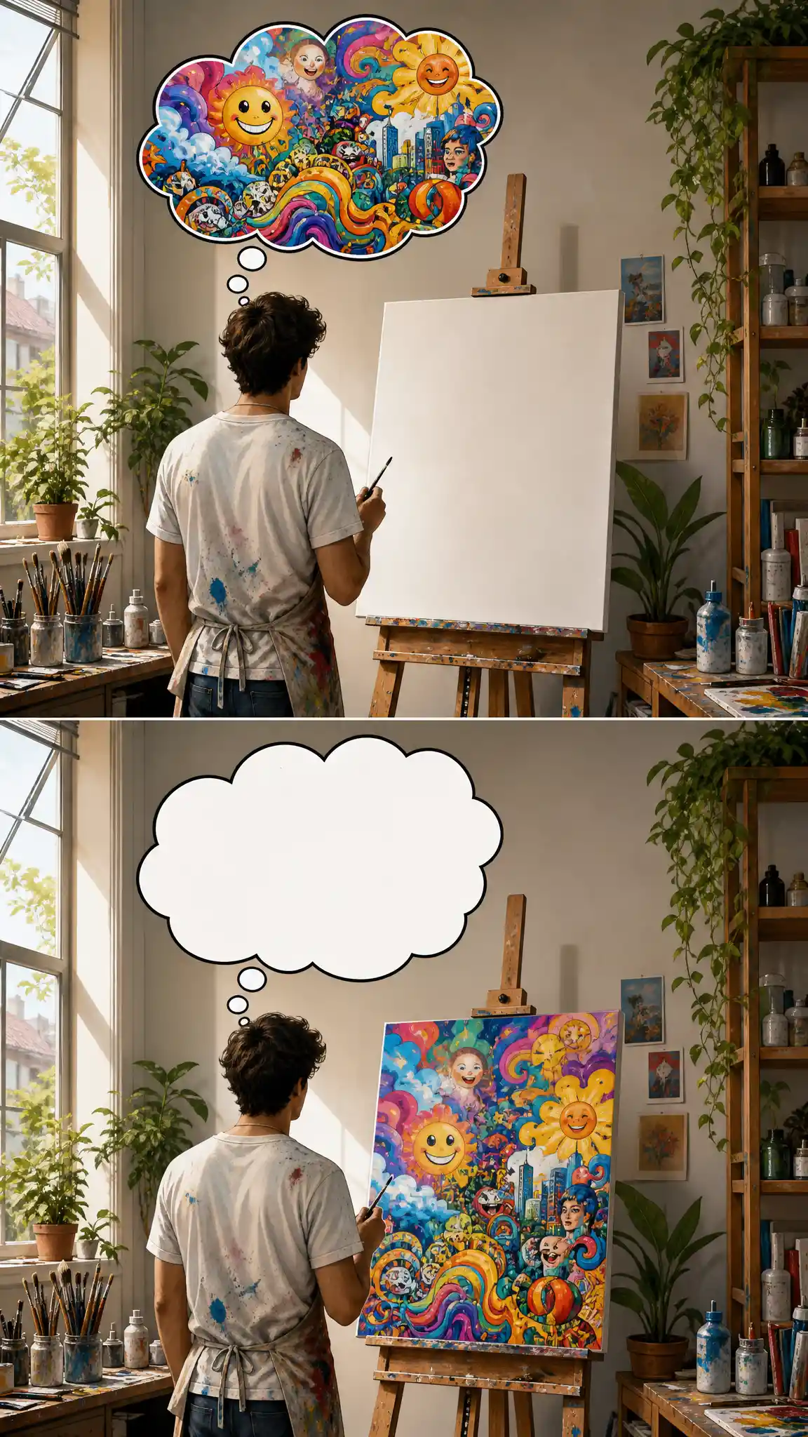 Painter With Colorful Imagination Before A Blank Canvas