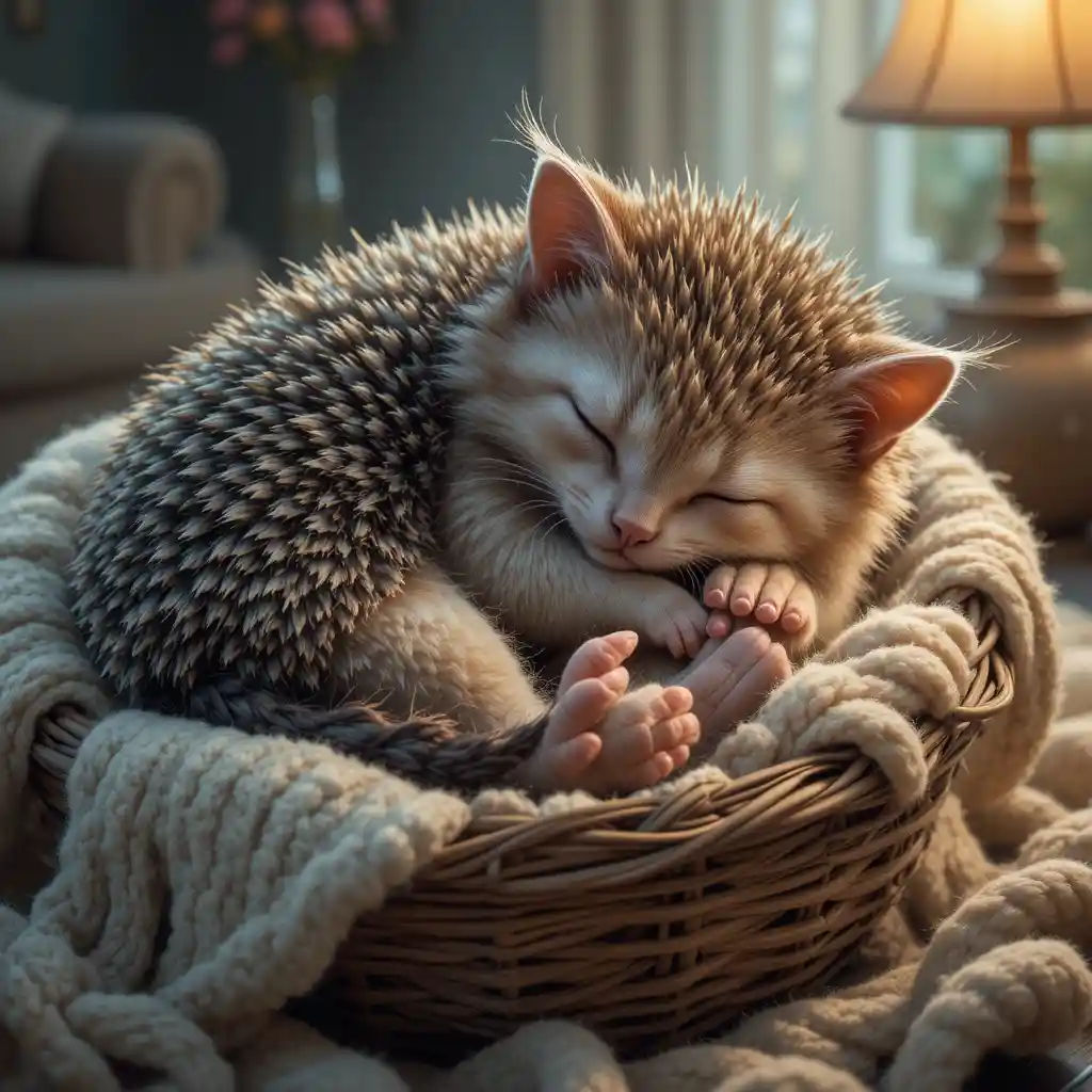 Cute hedgehog cat hybrid sleeping in a woven basket