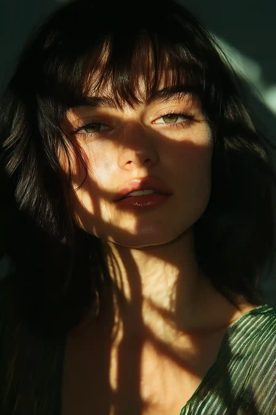 Cinematic close up portrait of woman in emerald silk dress