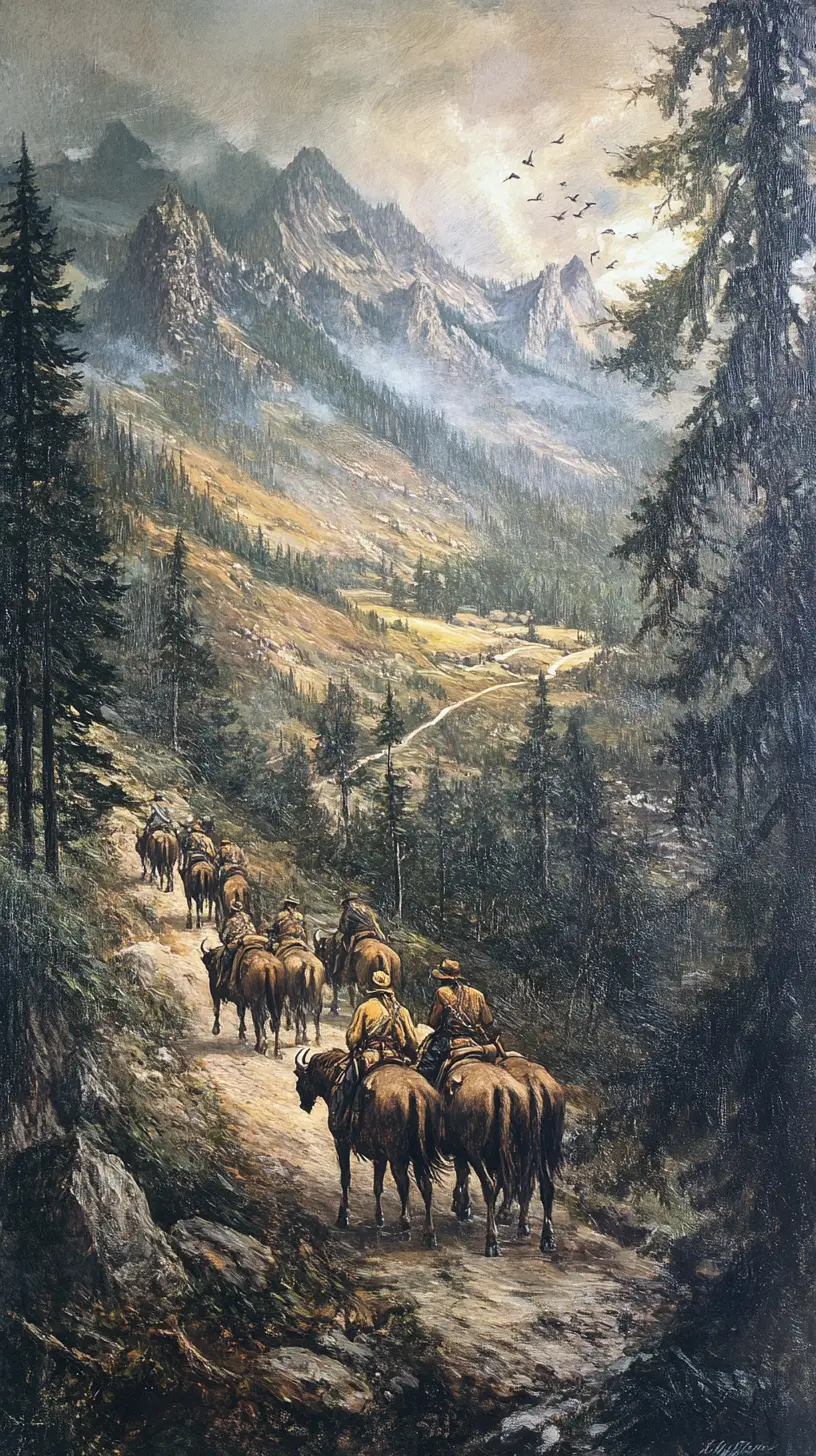 Buffalo herd moving along a road on a forested valley slope