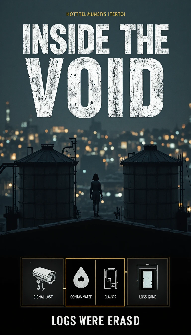 Noir rooftop scene with solitary figure and water tanks