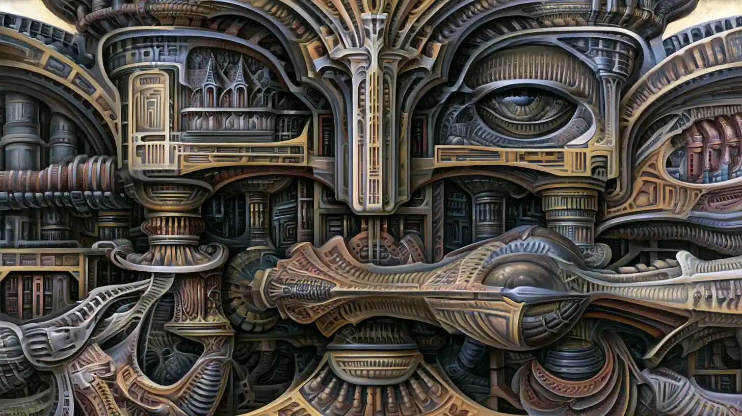 Surreal biomechanical organism in a hallucinatory landscape