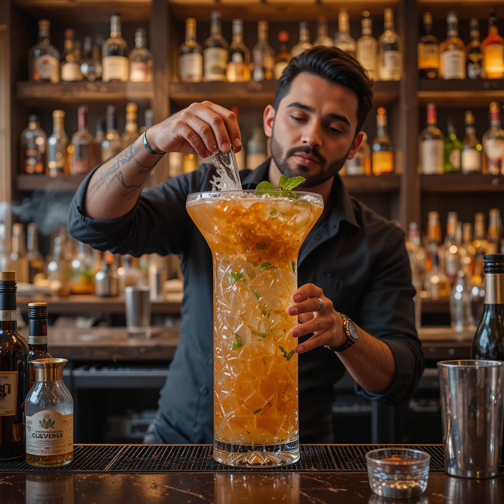 Bartender Mixing Giant Cocktail For Woman At Bar Counter