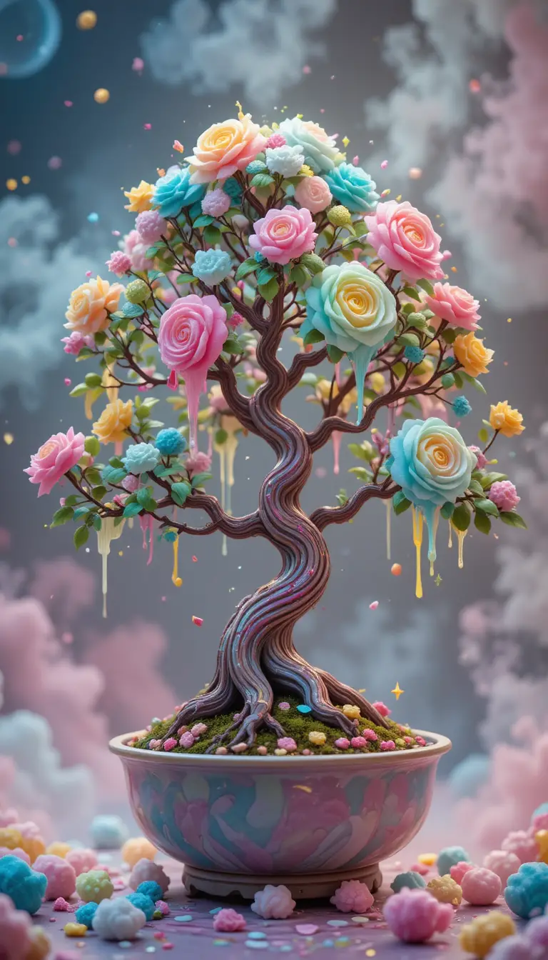 Whimsical Candy Bonsai Tree In A Pastel Fantasy Landscape