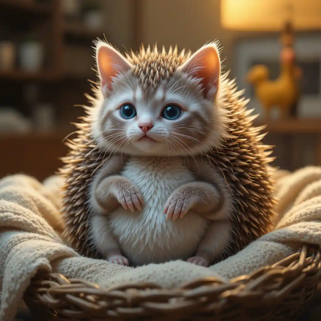 Adorable hedgehog cat curled in a cozy basket by lamplight