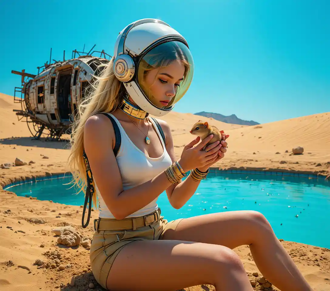 Humanoid robot skeleton in a vast alien desert crash site