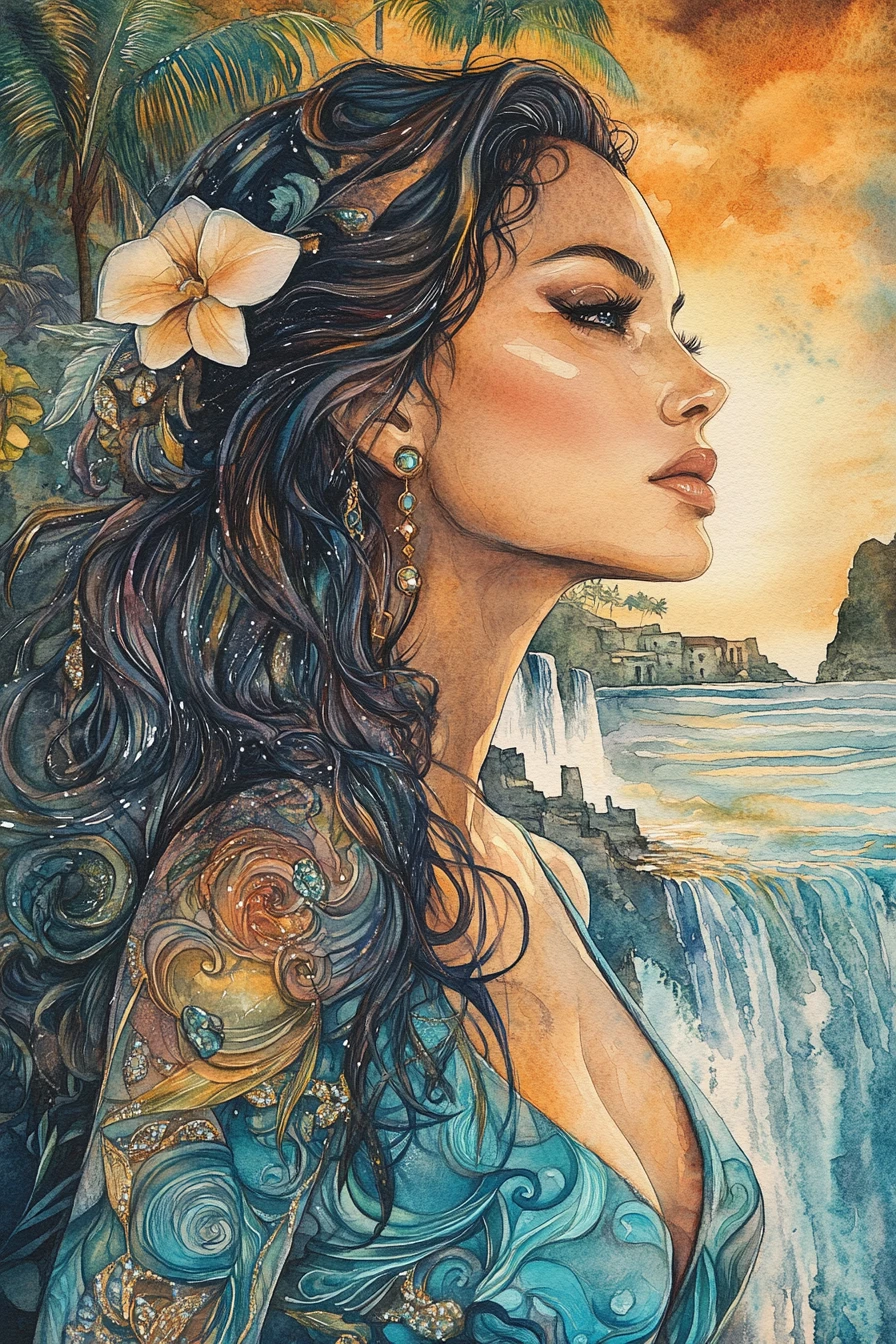 Watercolor portrait of a woman in a turquoise dress