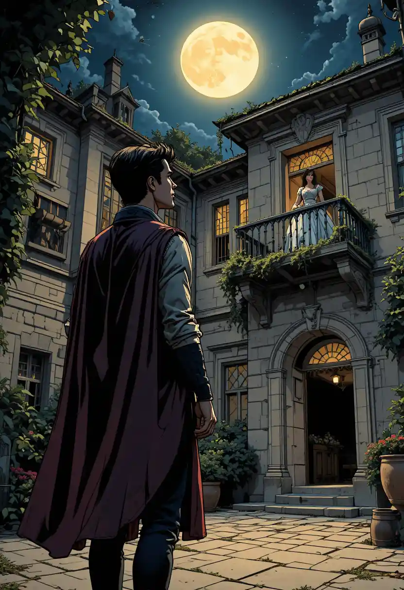 Romeo gazes up at Juliet on a moonlit balcony