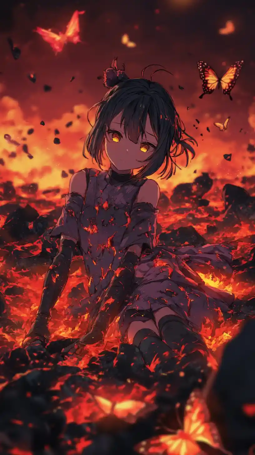 Ragazza anime distesa nella lava sotto un cielo rosso scuro