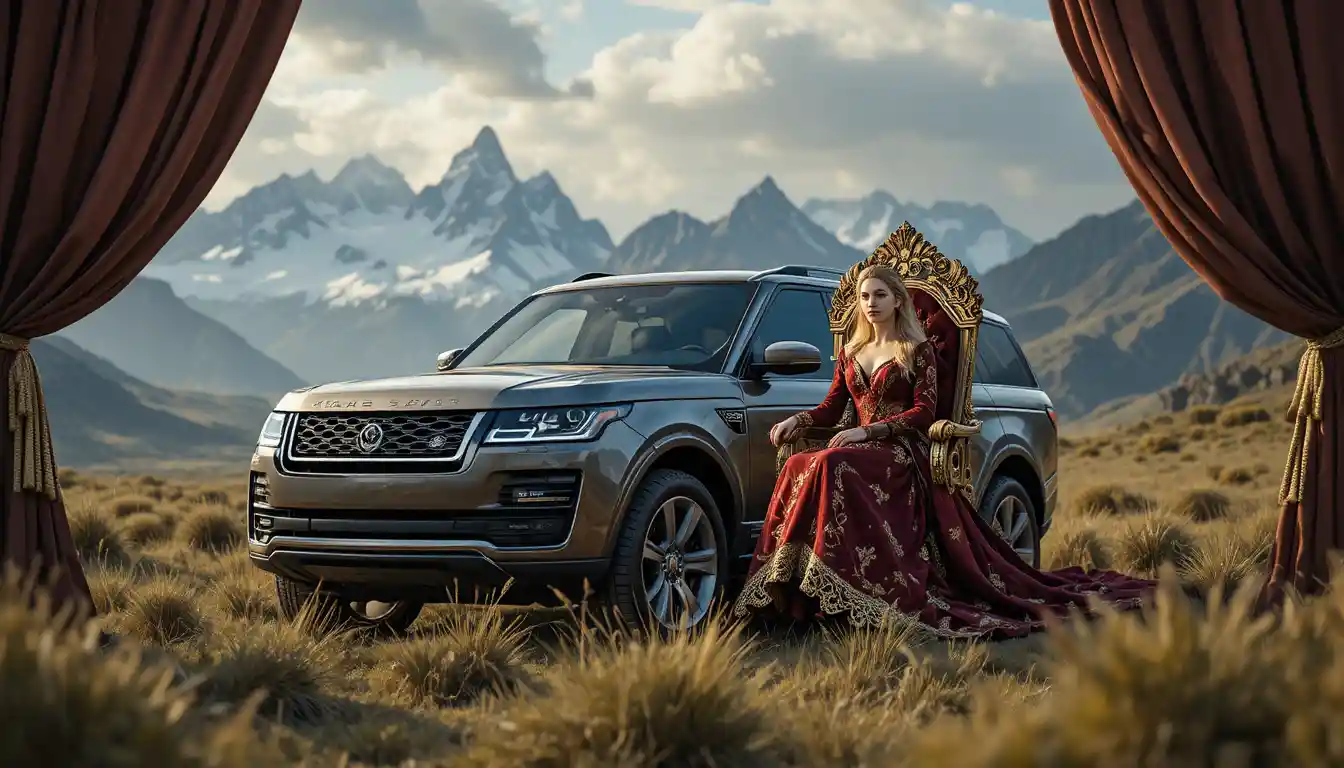 SUV parked on open grassland before towering snowy mountains