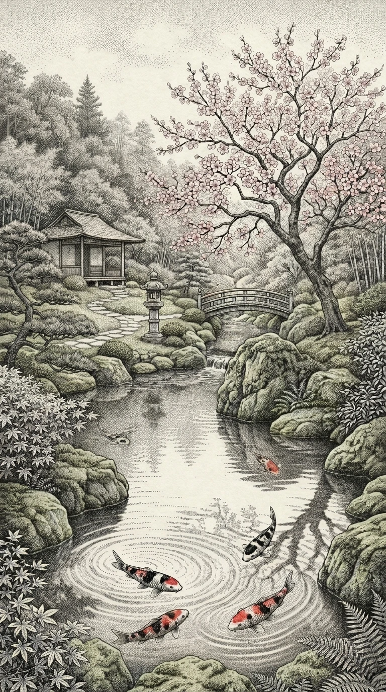 Serene Japanese garden with koi pond and cherry blossom tree