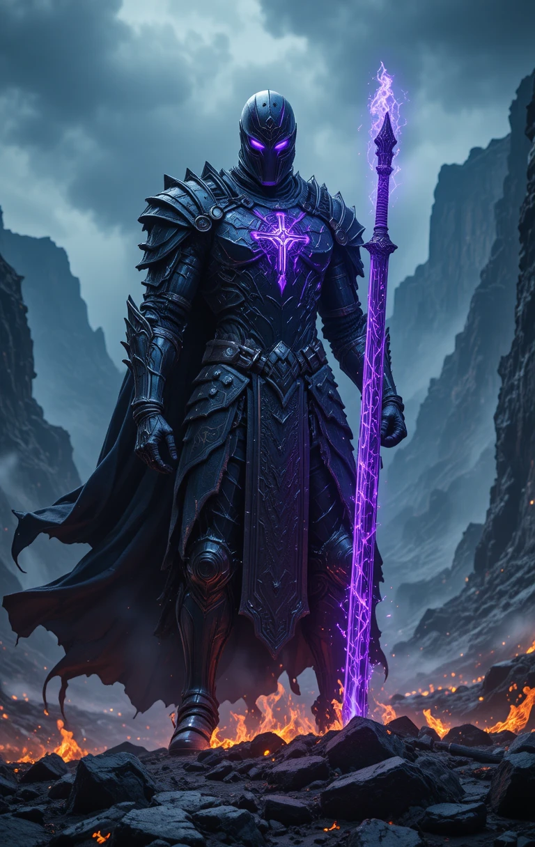 Dark fantasy knight on a volcanic battlefield with sword