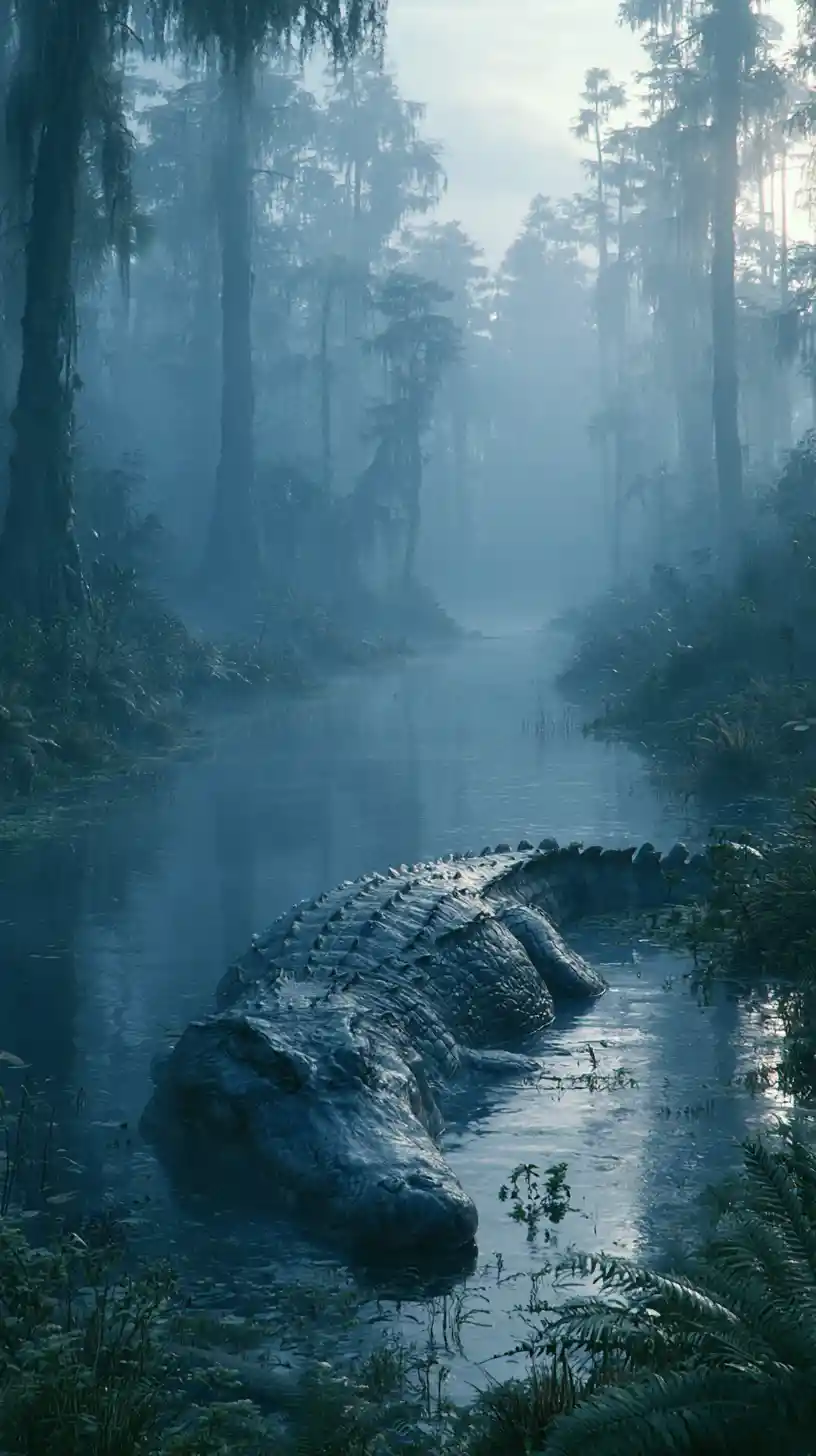 Alligator Lurking In A Shadowy Swamp At Dusk