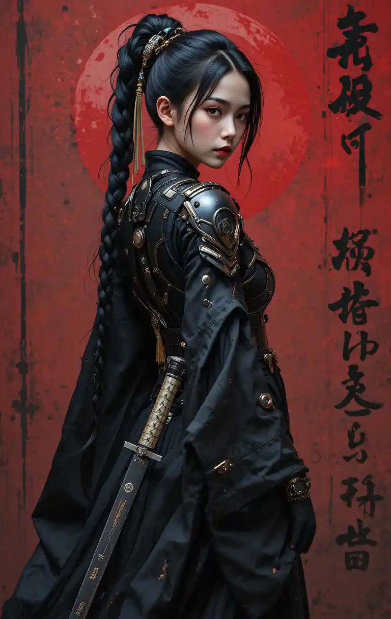 Cyber samurai woman with katana in crimson abstract background