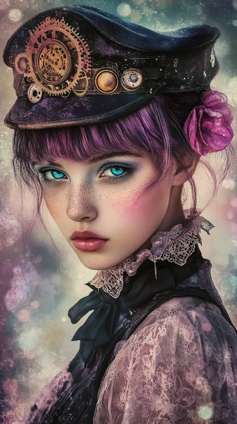 Ritratto di ragazza steampunk con capelli viola e occhi luminosi