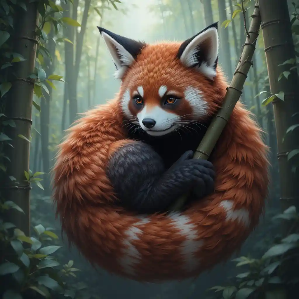 Fantasy fox panda curled around bamboo in misty forest