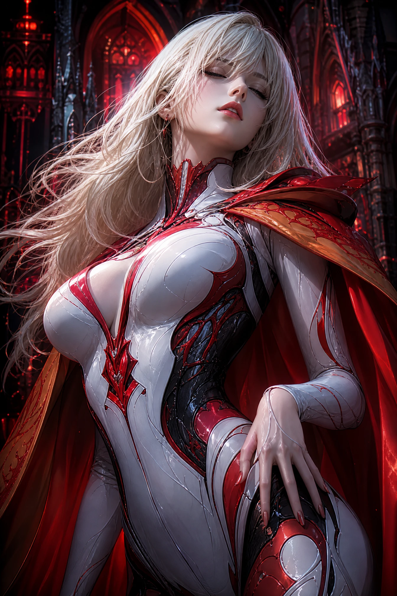 Futuristic woman in armor before a gothic cathedral