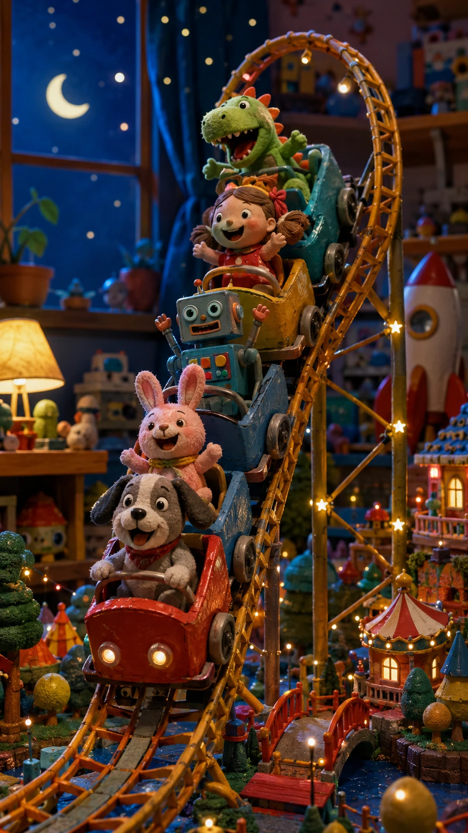 Lively toys riding a miniature coaster at night