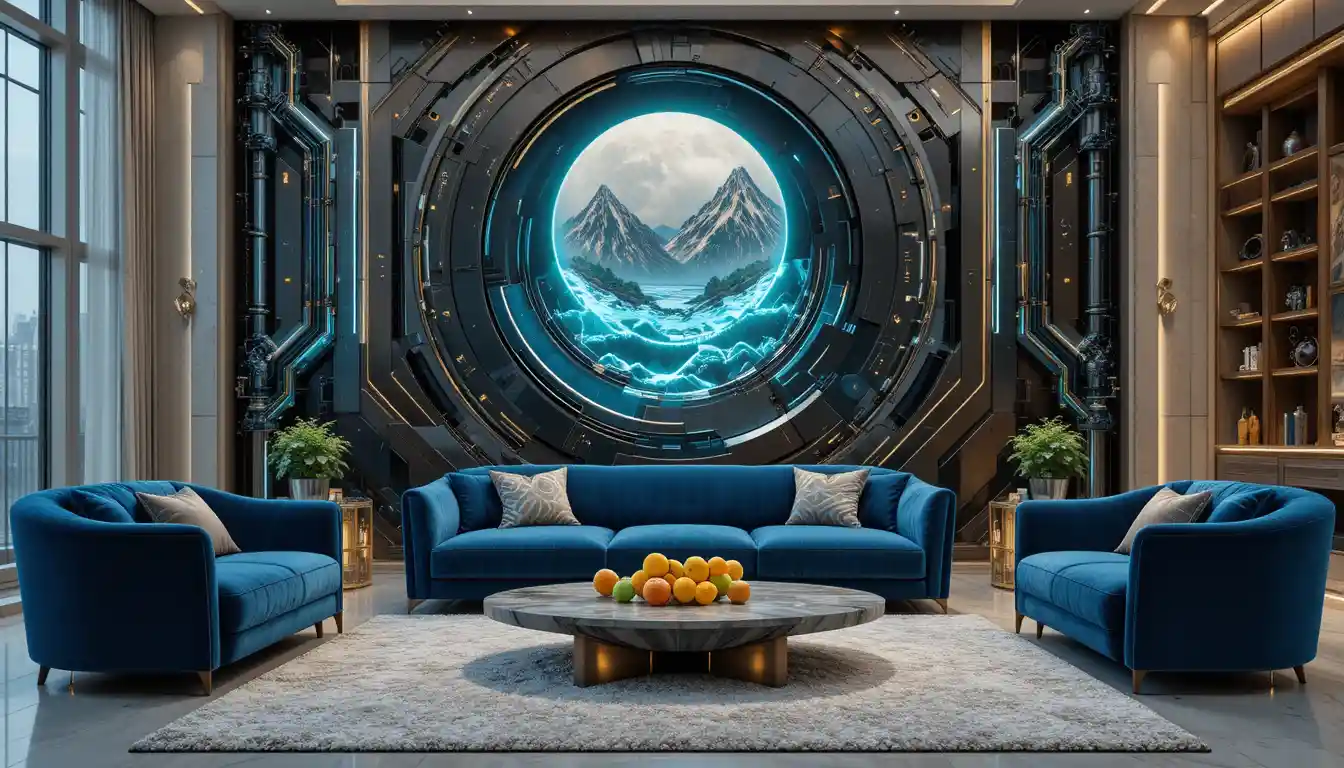 Luxurious beige living room with blue velvet sofa and marble table