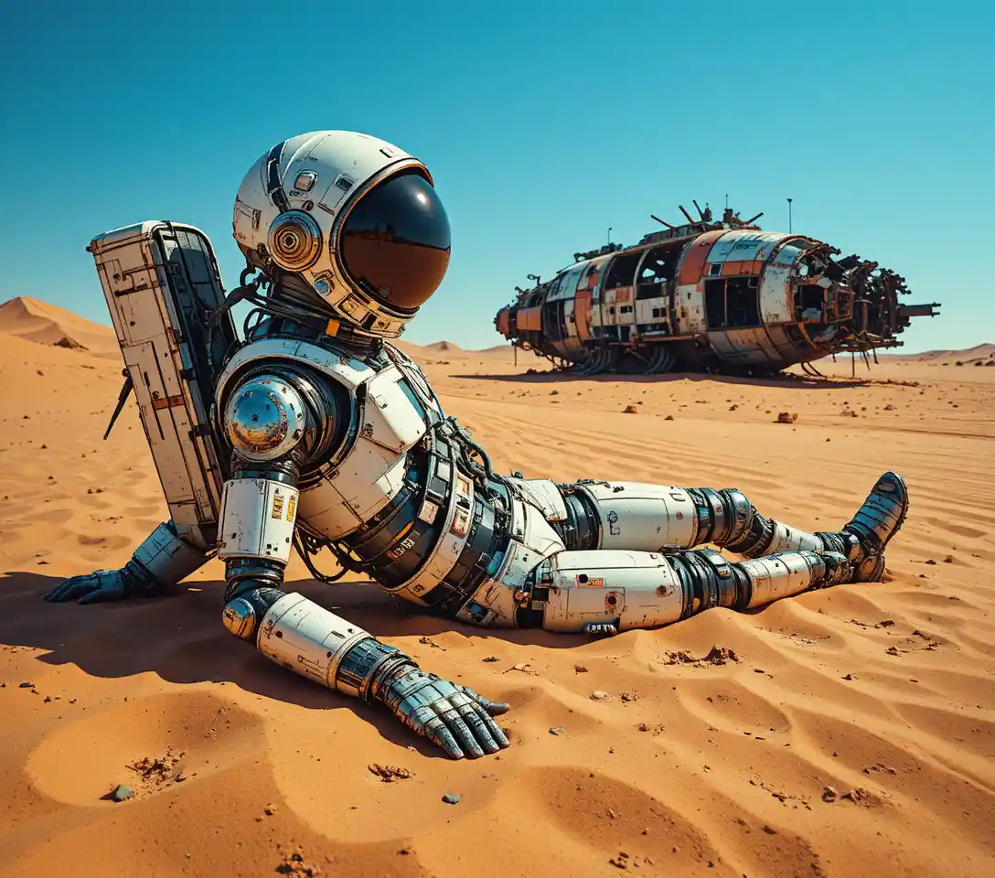 Futuristic skeletal astronaut in a vast alien desert