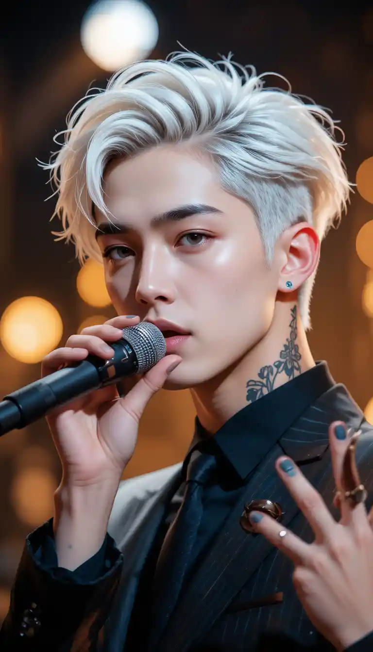 Close up portrait of young male singer on stage