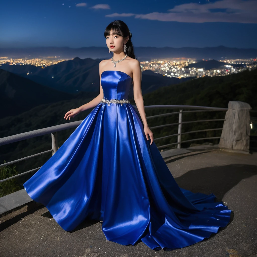 Elegant girl in blue satin gown on a night mountain