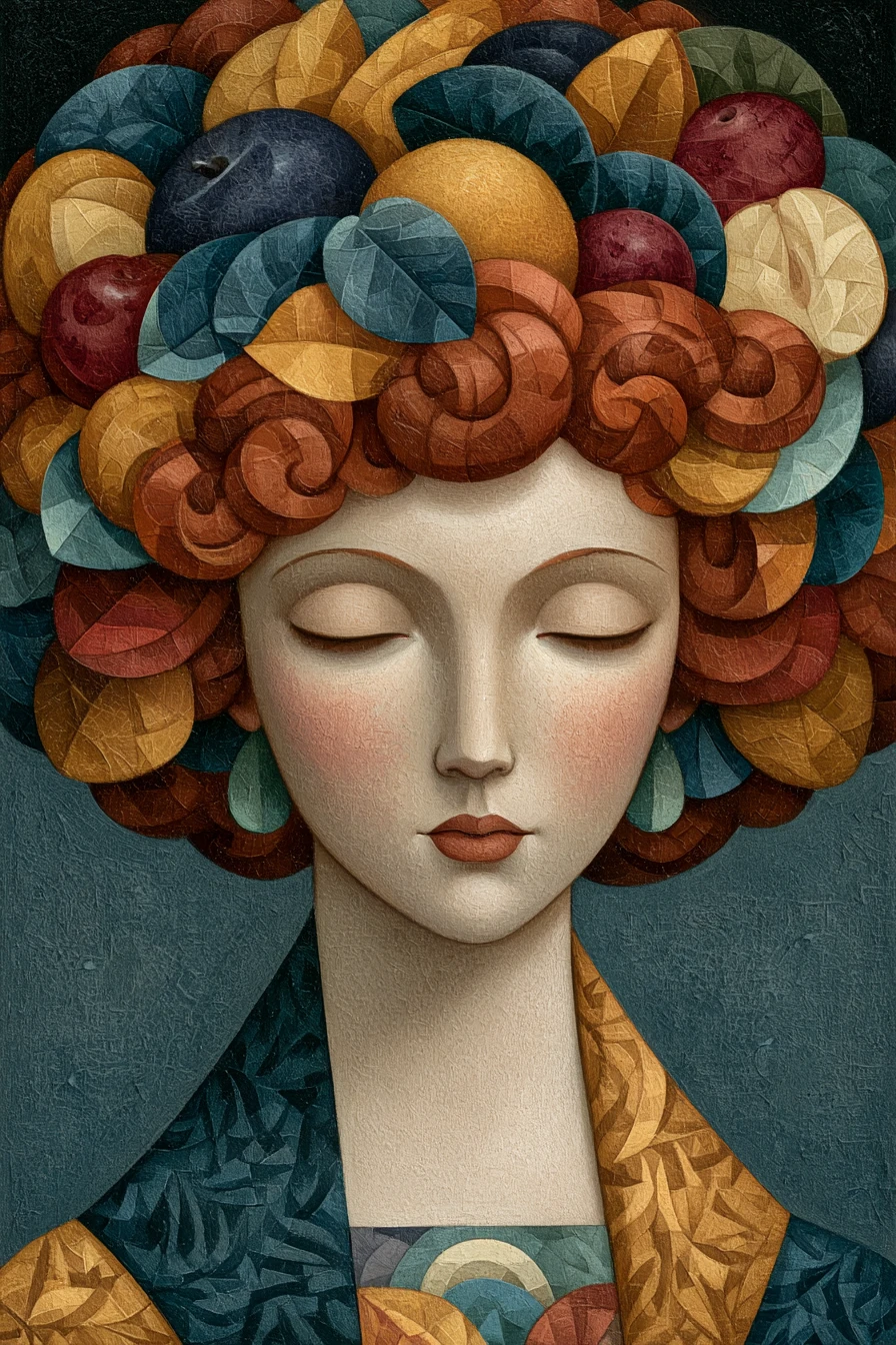 Surreal portrait of a joyful woman with fruit filled hairstyle