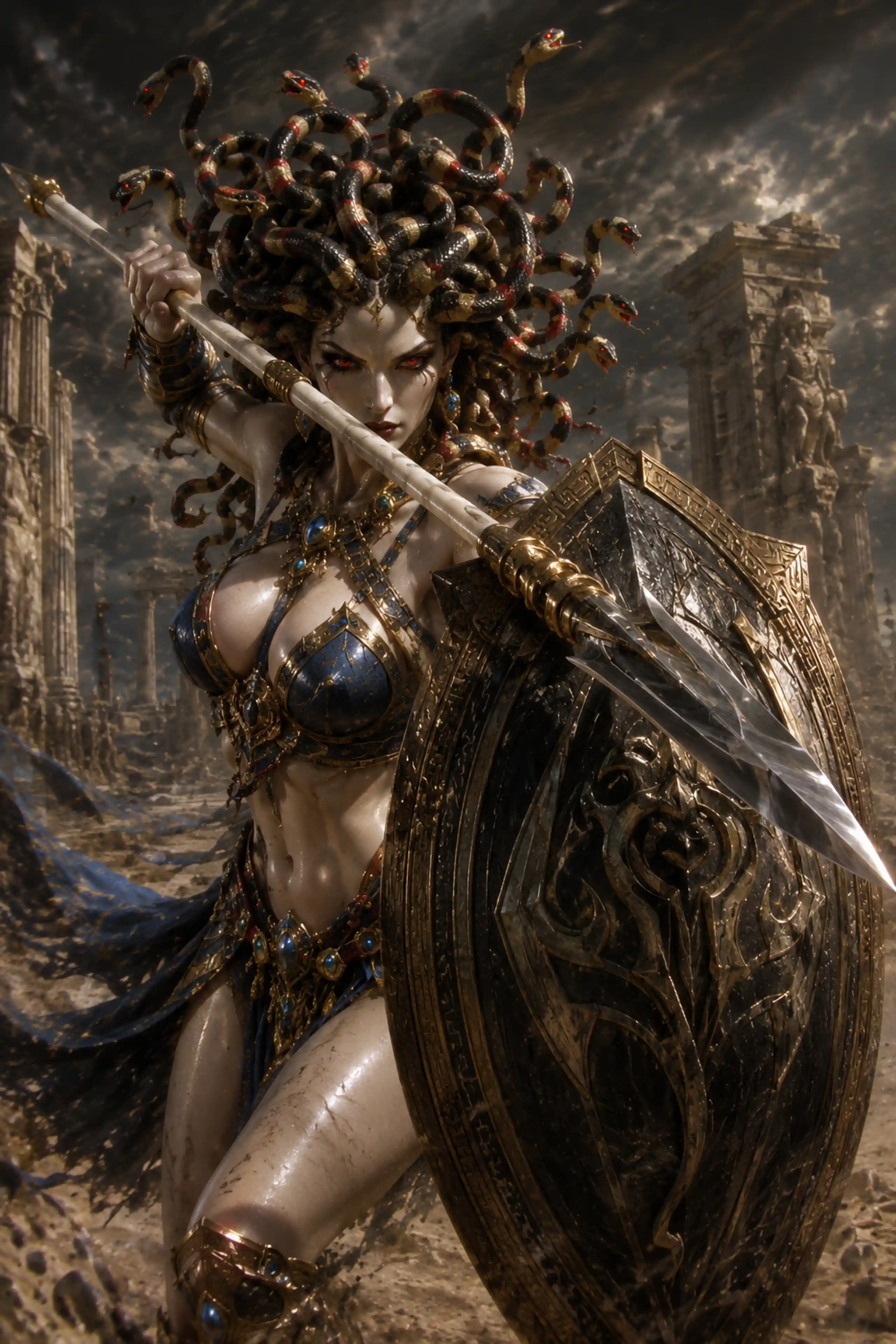 Medusa inspired warrior woman braced behind shield in ruins