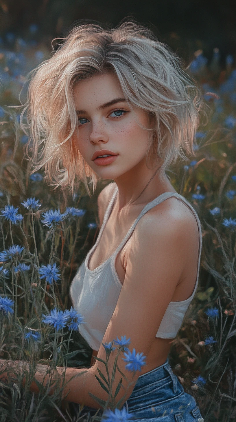 Young woman in blue wildflower meadow oil painting portrait