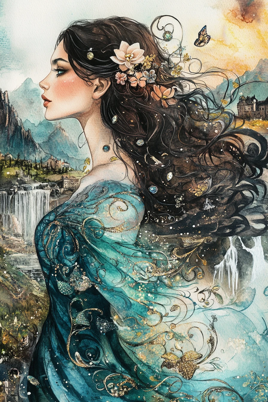 Watercolor portrait of a serene woman in profile