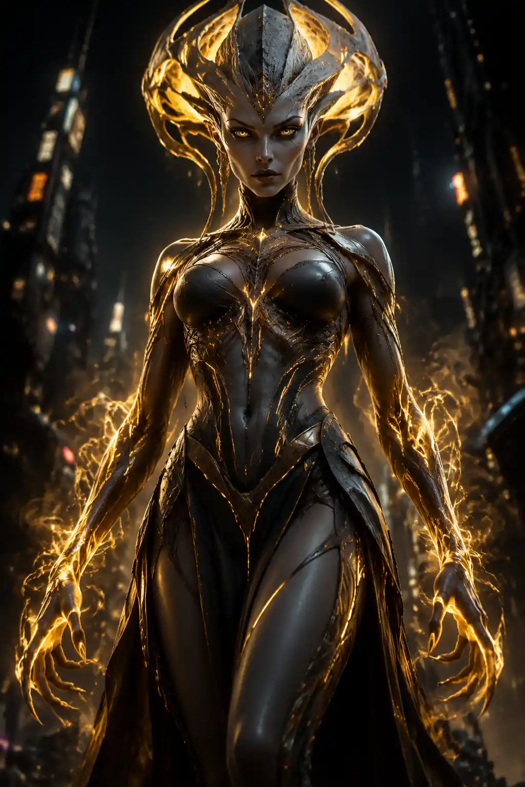 Imposing Female Alien Radiating Golden Energy In Futuristic City