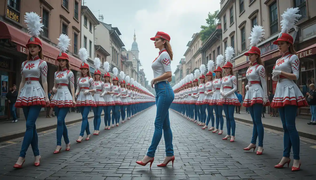 Majorette woman leading a formation on a paved city street