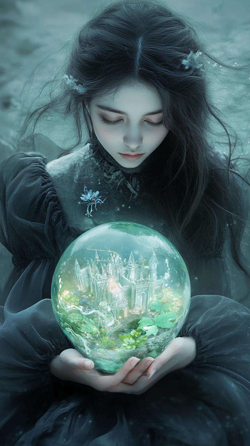 Ethereal gothic woman holding a floating miniature city