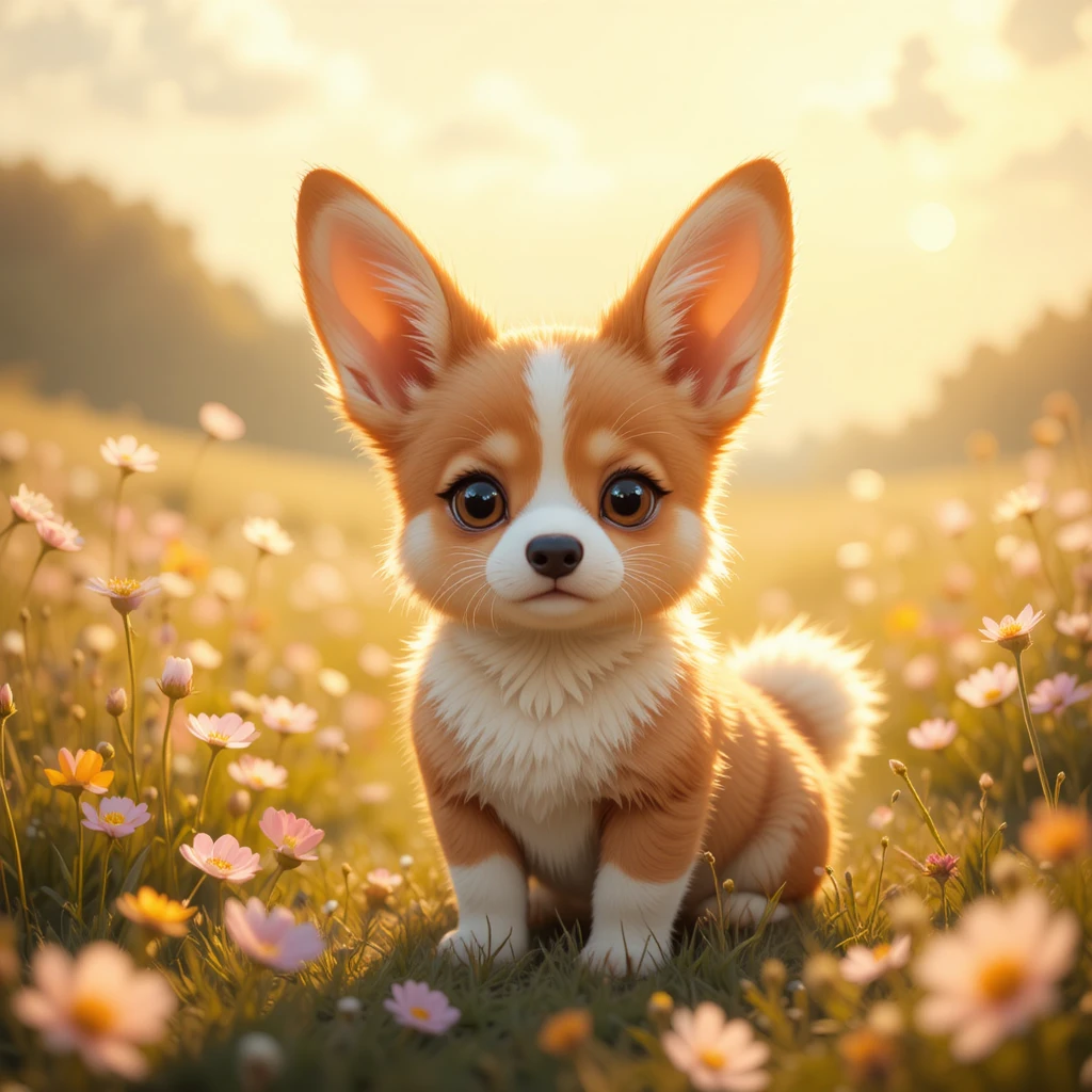 Cute bunny corgi hybrid in a glowing wildflower meadow