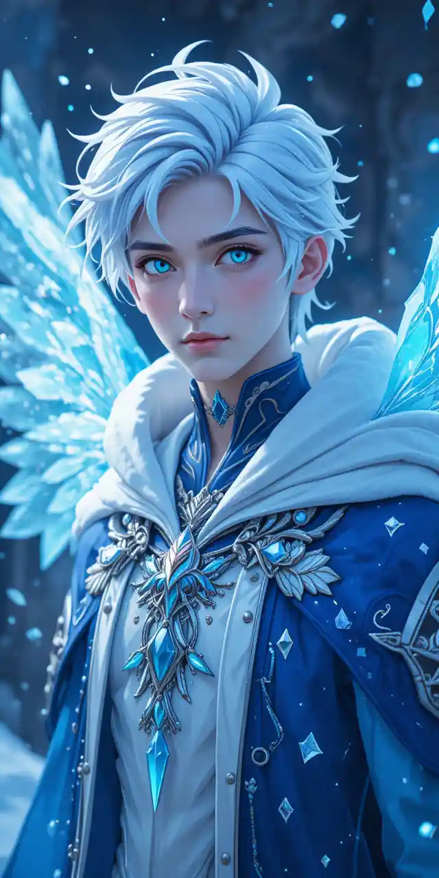 Ice phoenix prince with crystalline wings in anime style