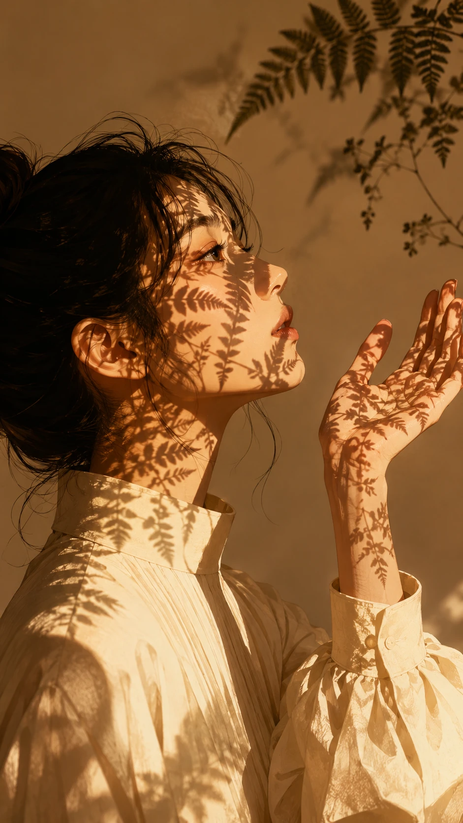 Side profile of woman in fern shadow dappled sunlight