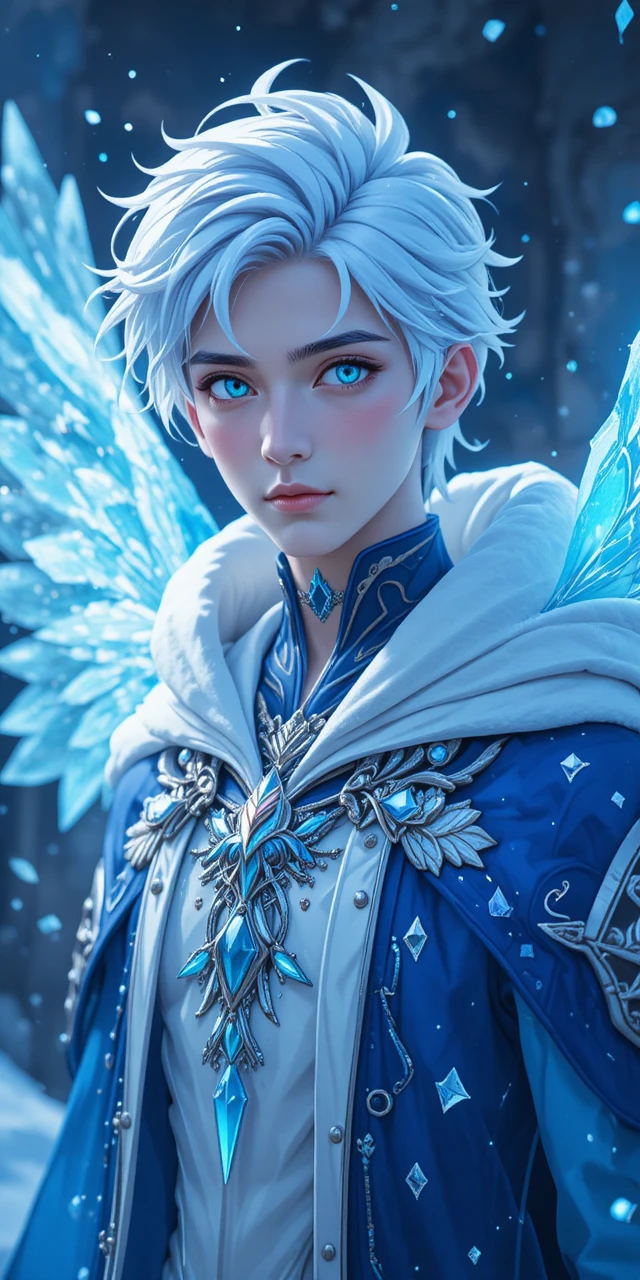 Ice phoenix prince with crystalline wings in anime style
