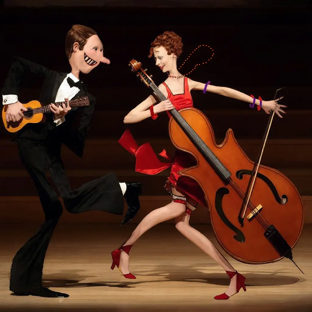 Cartoon dancers playing string instruments in dynamic motion